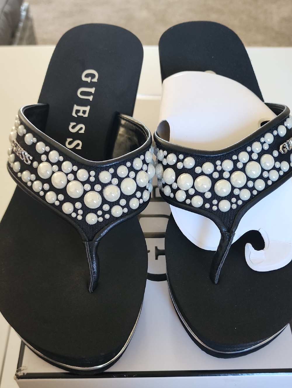 GUESS Black Thong Sandals with Pearl Accents